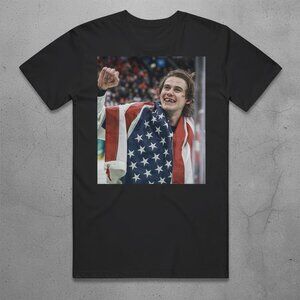 Jack Hughes Team USA Gold Medal Hockey Celebration Black Photo Tee